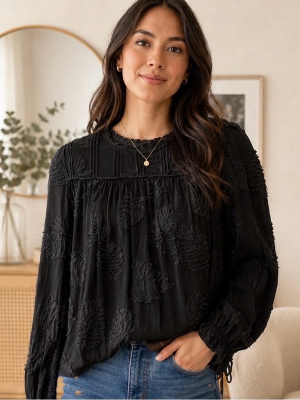 Wilfred Lourdes Black Textured Appliqué Blouse XS
